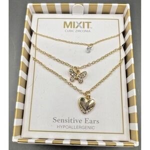 Butterfly Heart Pendant Necklace CZ Set Chain Gift Boxed Mixit Gold Tone NIB New
